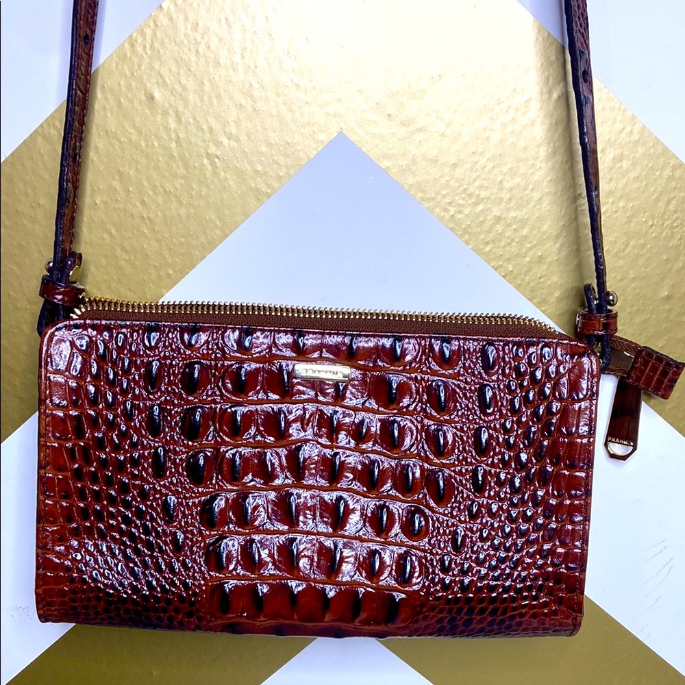 Croc-Embossed Brown Leather Crossbody Bag